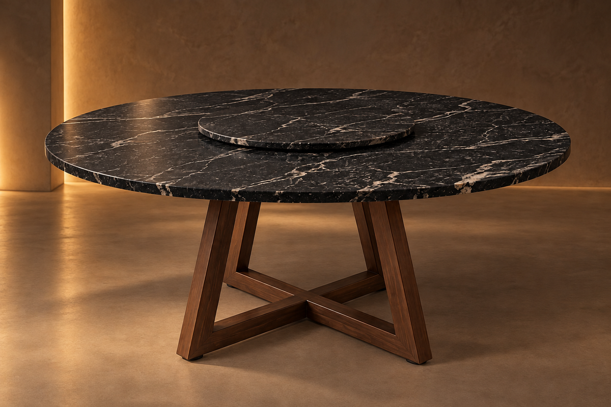 Comedor Circular 1.80 M de Diámetro Con Lazy Susan de 80 CM de Diámetro - Base Herrería Look Madera | Granito American Black Leather (Sólo Disponible en Mérida, Yucatán📍)