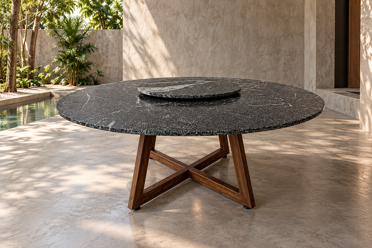 Comedor Circular 1.60 M de Diámetro Con Lazy Susan de 60 CM de Diámetro - Base Herrería Look Madera | Granito American Black Leather (Sólo Disponible en Mérida, Yucatán📍)