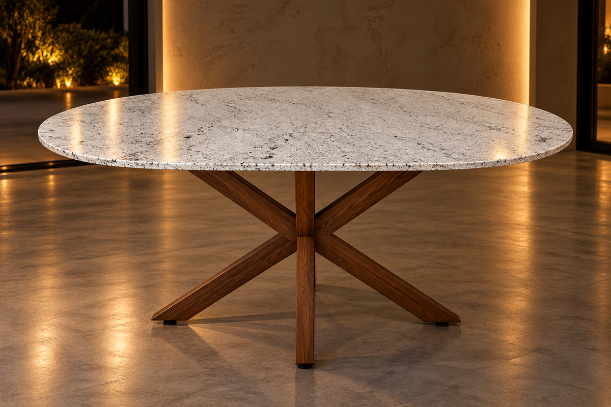 Comedor Cápsula 1.80 M x 1.10 M Con Base Modelo Doble V Herrería Look Madera | Granito Blanco Itaunas Leather (Sólo Disponible en Mérida, Yucatán📍)