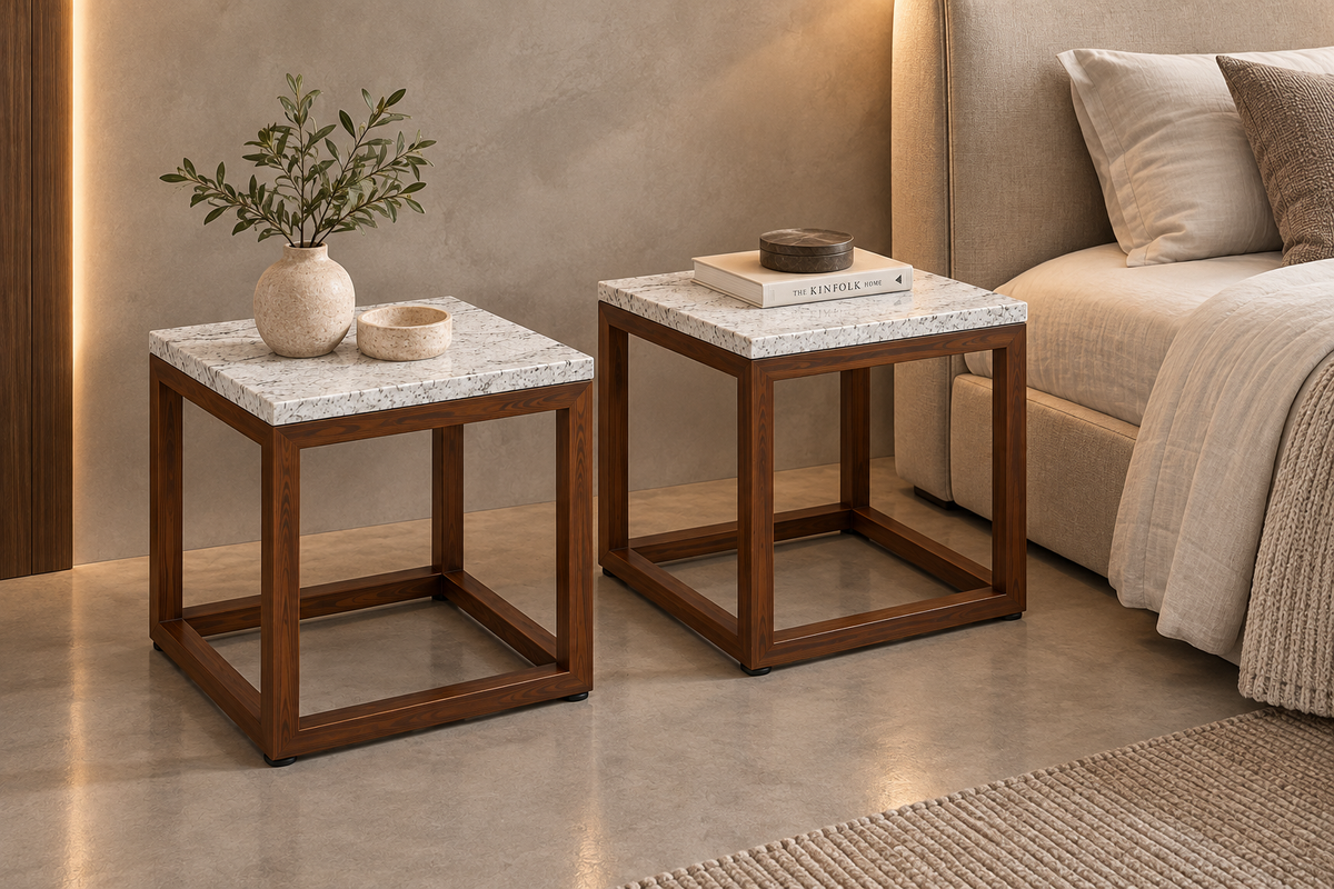 Set de 2 Mesas Laterales 40 CM de Largo x 40 CM de Ancho x 50 CM de Altura Bases Modelo Cubos Look Madera | Granito Blanco Itaunas Leather (Sólo Disponible en Mérida, Yucatán📍)