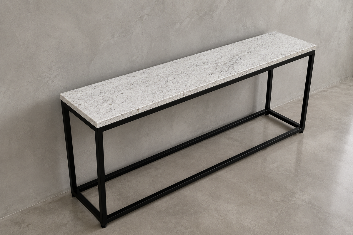 Credenza 1.50 M x 40 CM Con Base Modelo Cubo Negro Mate | Granito Blanco Itaunas Leather (Sólo Disponible en Mérida, Yucatán📍)