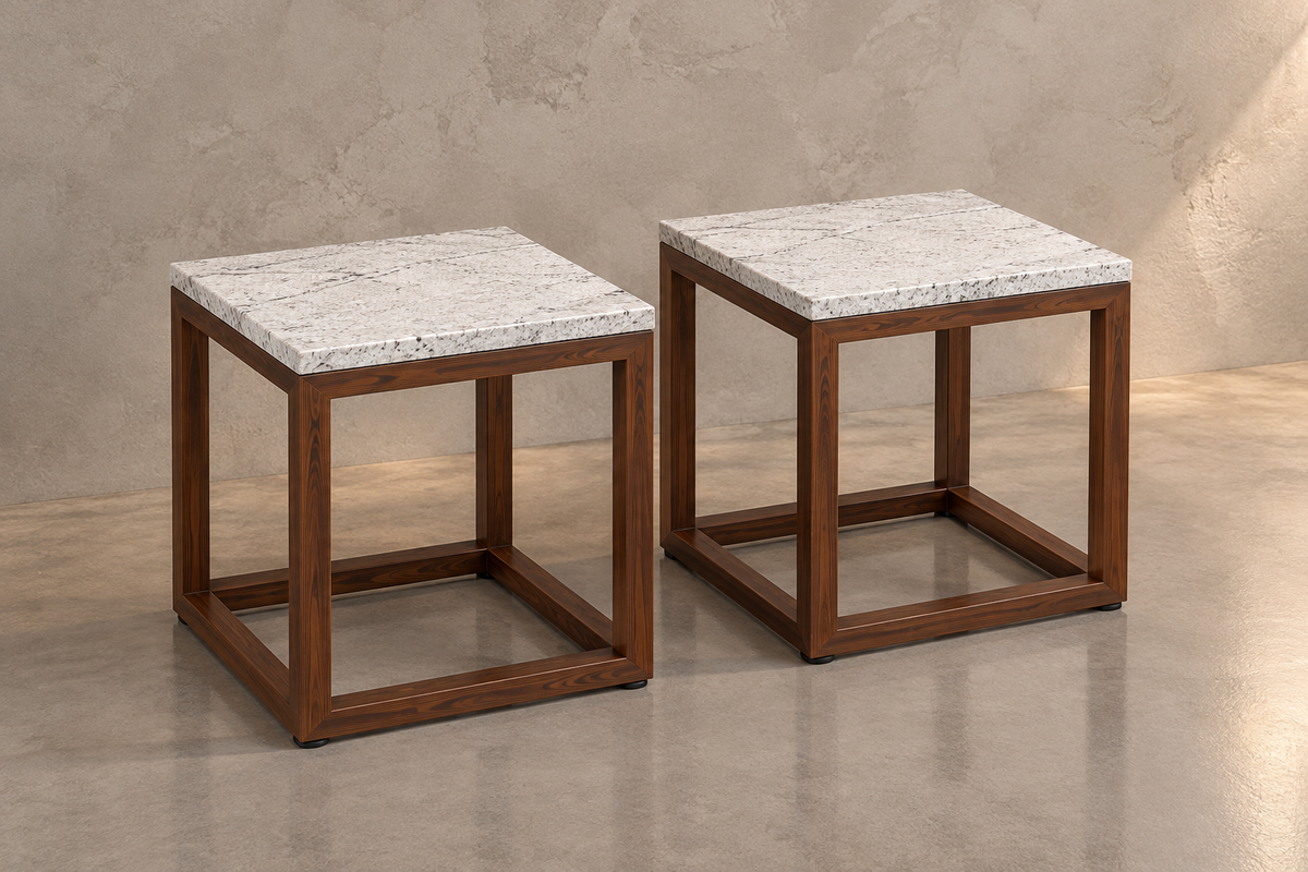 Set de 2 Mesas Laterales 40 CM de Largo x 40 CM de Ancho x 50 CM de Altura Bases Modelo Cubos Look Madera | Granito Blanco Itaunas Leather (Sólo Disponible en Mérida, Yucatán📍)