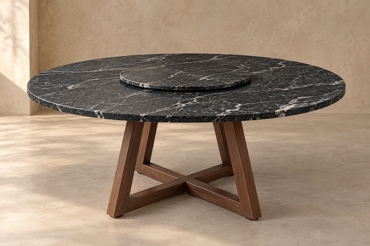 Comedor Circular 1.80 M de Diámetro Con Lazy Susan de 80 CM de Diámetro - Base Herrería Look Madera | Granito American Black Leather (Sólo Disponible en Mérida, Yucatán📍)