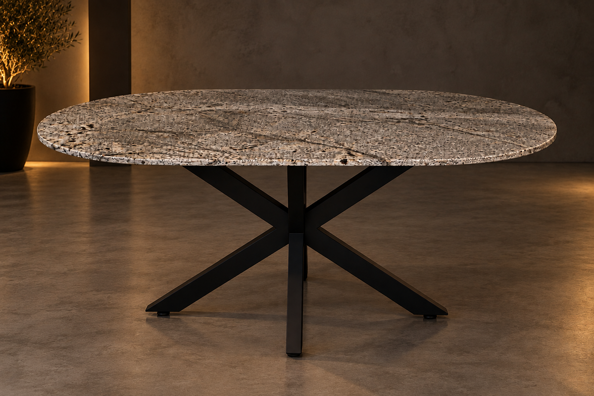 Comedor Cápsula 1.80 M x 1.10 M Con Base Modelo Doble V Herrería Negro Mate | Granito Jaguar Pulido y Brillado (Sólo Disponible en Mérida, Yucatán📍)