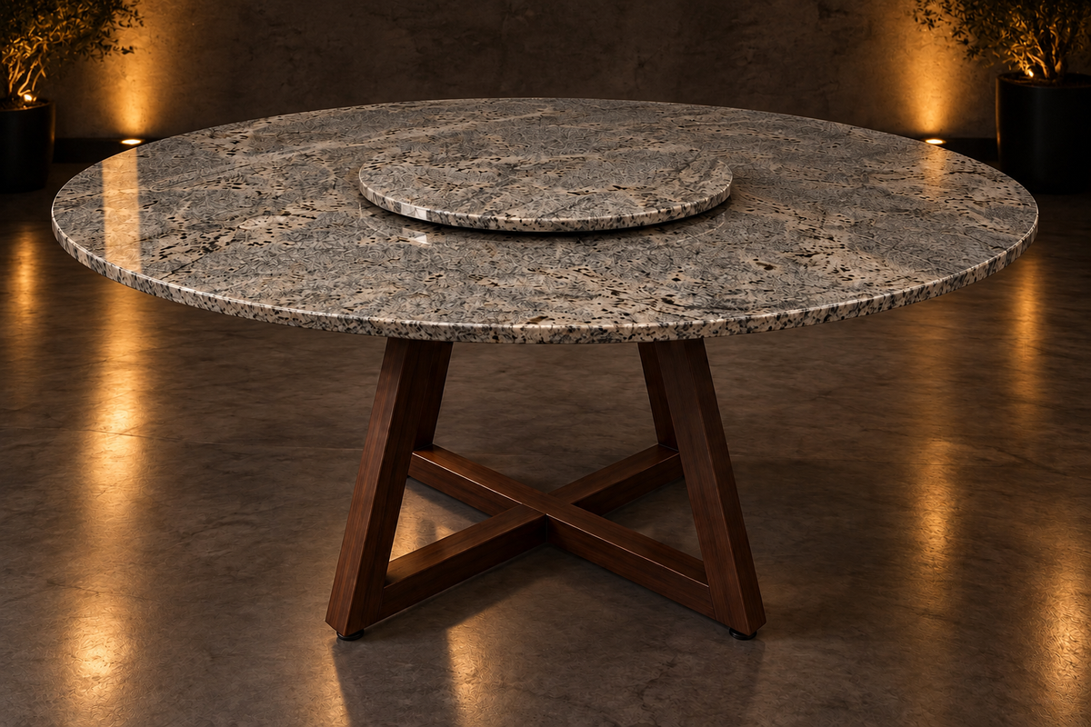 Comedor Circular 1.80 M de Diámetro Con Lazy Susan de 80 CM de Diámetro - Base Herrería Look Madera | Granito Jaguar Pulido y Brillado (Sólo Disponible en Mérida, Yucatán📍)