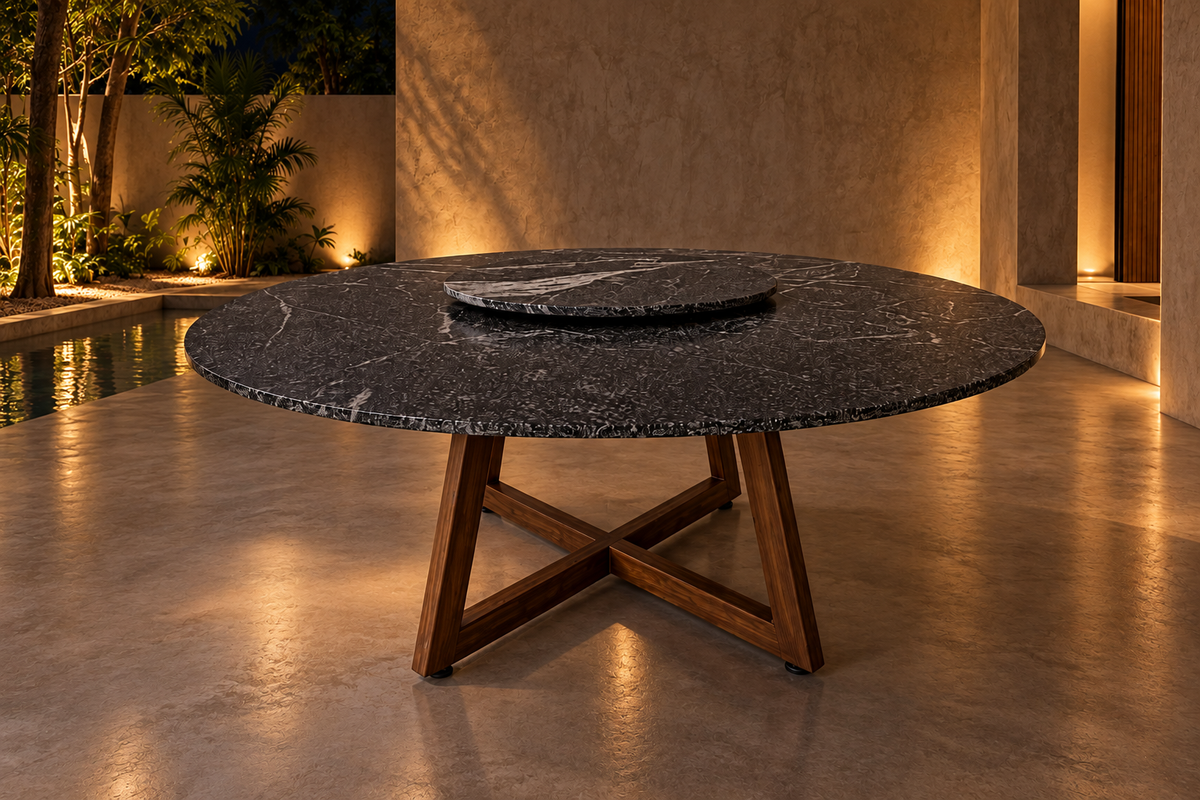 Comedor Circular 1.60 M de Diámetro Con Lazy Susan de 60 CM de Diámetro - Base Herrería Look Madera | Granito American Black Leather (Sólo Disponible en Mérida, Yucatán📍)