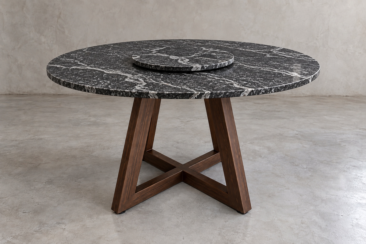 Comedor Circular 1.20 M de Diámetro Con Lazy Susan de 40 CM de Diámetro - Base Herrería Look Madera | Granito American Black Leather (Sólo Disponible en Mérida, Yucatán📍)