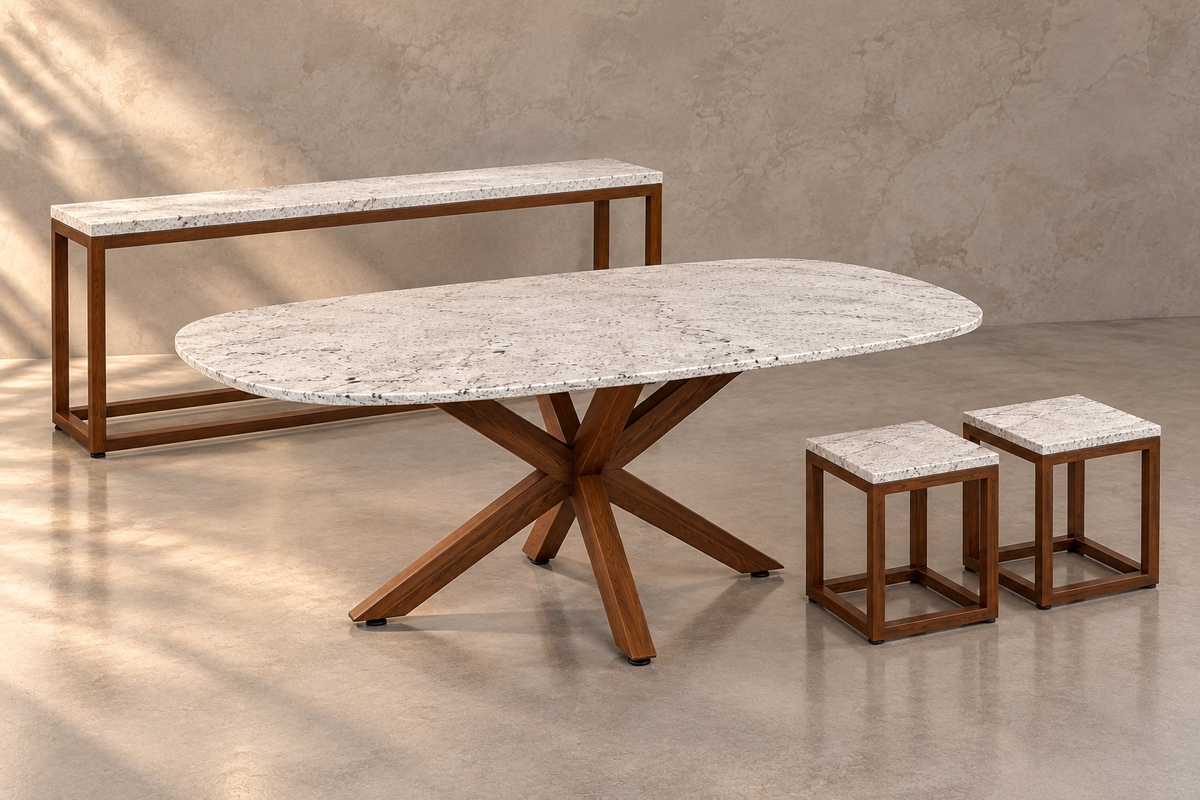 Full Set Comedor Cápsula 1.80 M x 1.10 M | Credenza 1.50 M x 40 CM | Set de 2 Mesas Laterales 40 CM x 40 CM - Bases Herrería Look Madera | Granito Blanco Itaunas Leather (Sólo Disponible en Mérida, Yucatán📍)