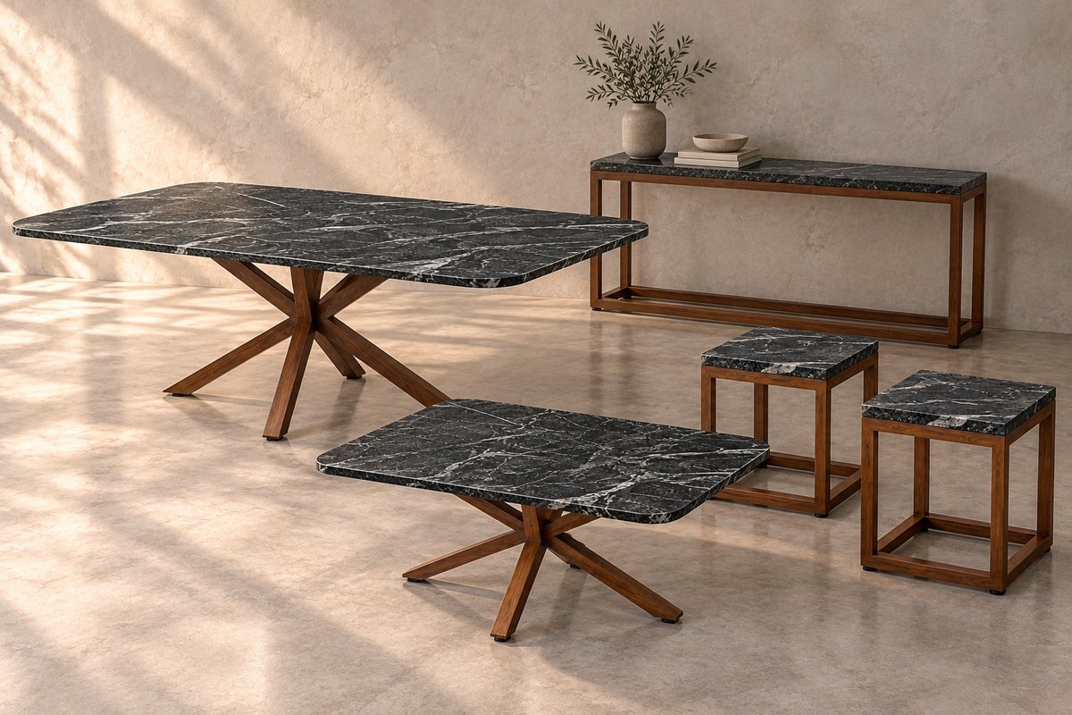 Full Set Comedor Cápsula 1.80 M x 1.10 M | Credenza 1.50 M x 40 CM | Set de 2 Mesas Laterales 40 CM x 40 CM | Mesa de Centro 1 M x 80 CM - Bases Herrería Look Madera | Granito American Black Leather (Sólo Disponible en Mérida, Yucatán📍)