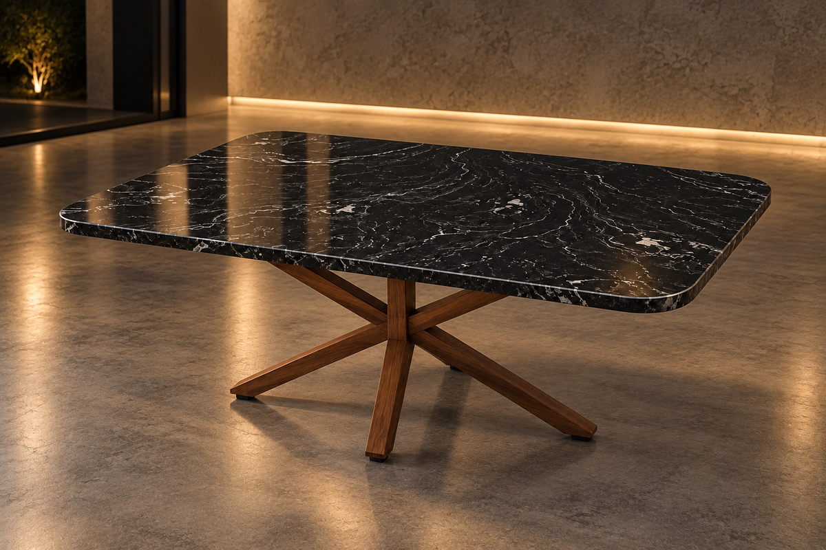 Mesa de Centro 1 M x 80 CM Con Base Modelo Doble V Mini Herrería Look Madera | Granito Vía Láctea Pulido y Brillado (Sólo Disponible en Mérida, Yucatán📍)