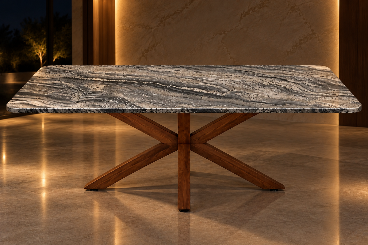 Comedor Rectangular 2.40 M x 1.40 M Con Base Modelo Doble V Herrería Look Madera | Granito Antartic White Leather (Sólo Disponible en Mérida, Yucatán📍)