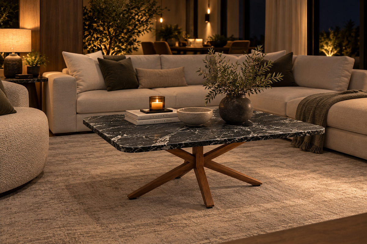 Full Set Comedor Cápsula 1.80 M x 1.10 M | Credenza 1.50 M x 40 CM | Set de 2 Mesas Laterales 40 CM x 40 CM | Mesa de Centro 1 M x 80 CM - Bases Herrería Look Madera | Granito American Black Leather (Sólo Disponible en Mérida, Yucatán📍)