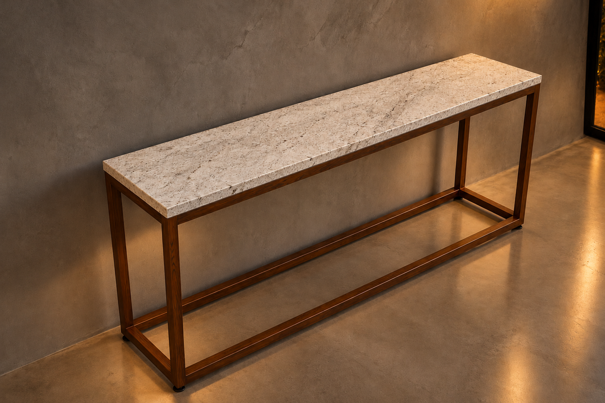 Full Set Comedor Cápsula 1.80 M x 1.10 M | Credenza 1.50 M x 40 CM | Set de 2 Mesas Laterales 40 CM x 40 CM - Bases Herrería Look Madera | Granito Blanco Itaunas Leather (Sólo Disponible en Mérida, Yucatán📍)