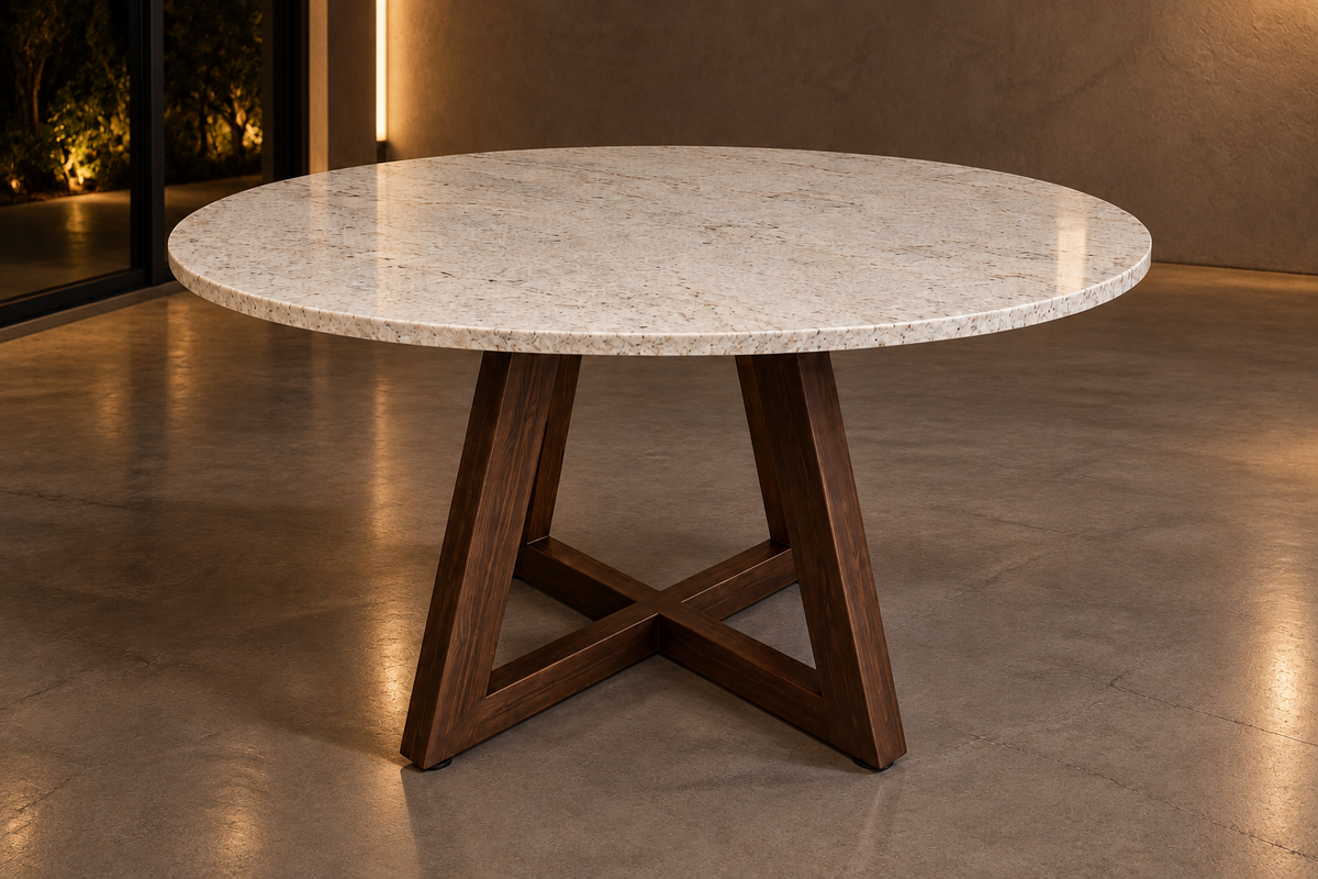 Comedor Circular 1.10 M de Diámetro - Base Herrería Look Madera | Granito Blanco Itaunas Pulido y Brillado (Sólo Disponible en Mérida, Yucatán📍)