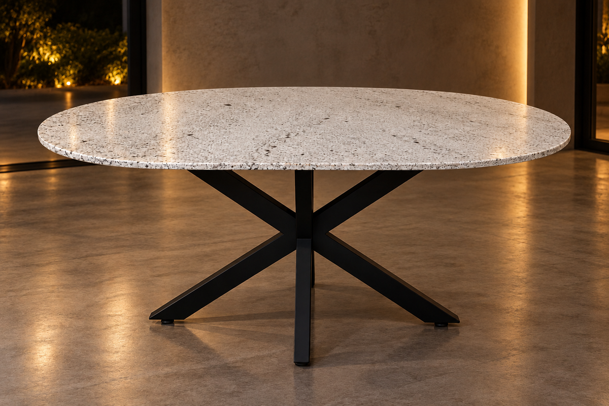 Comedor Cápsula 1.80 M x 1.10 M Con Base Modelo Doble V Herrería Negro Mate | Granito Blanco Itaunas Leather (Sólo Disponible en Mérida, Yucatán📍)