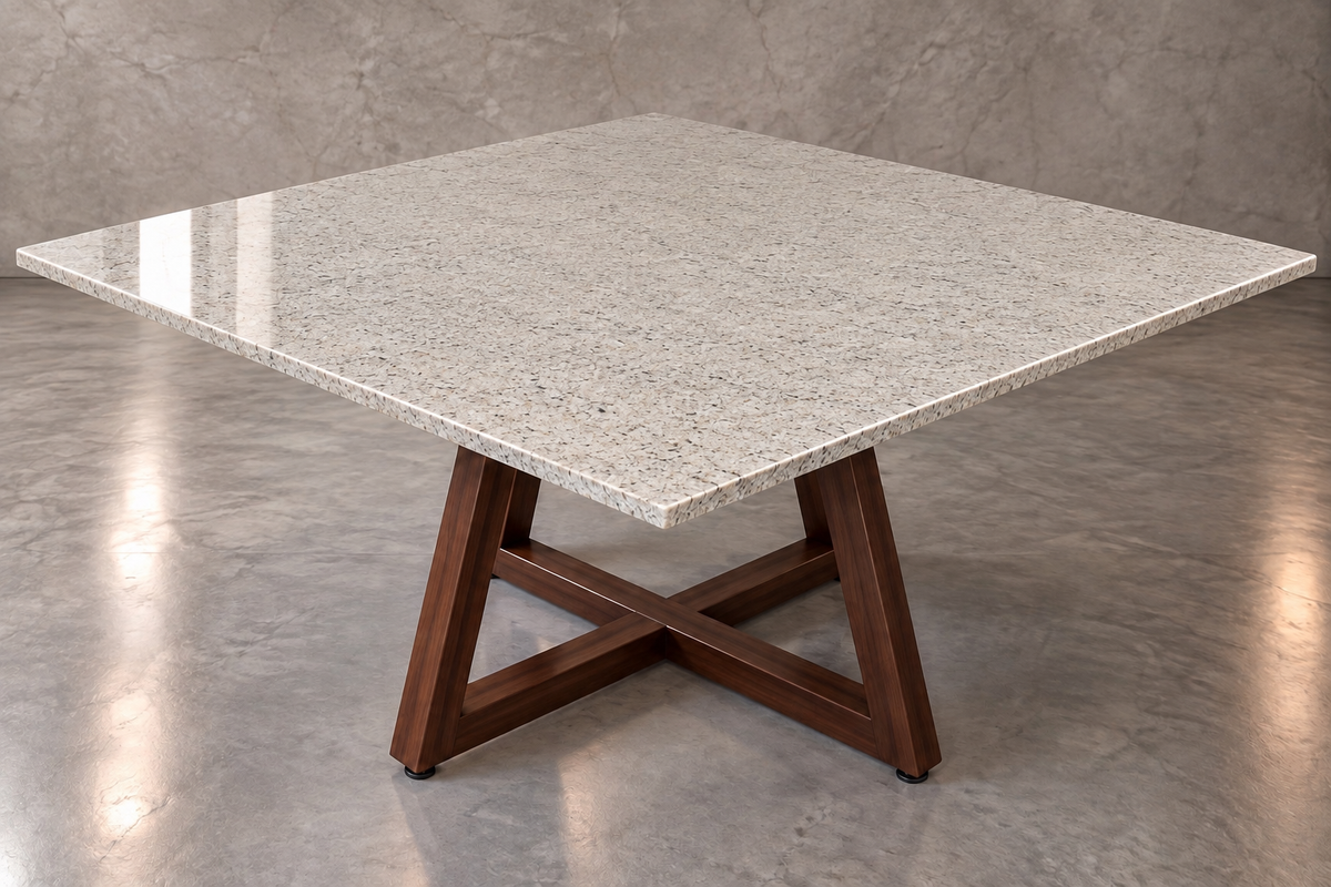 Comedor Cuadrado 1.50 M x 1.50 M - Base Herrería Look Madera | Granito Blanco Itaunas Pulido y Brillado (Sólo Disponible en Mérida, Yucatán📍)