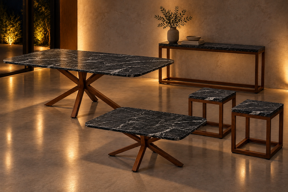 Full Set Comedor Cápsula 1.80 M x 1.10 M | Credenza 1.50 M x 40 CM | Set de 2 Mesas Laterales 40 CM x 40 CM | Mesa de Centro 1 M x 80 CM - Bases Herrería Look Madera | Granito American Black Leather (Sólo Disponible en Mérida, Yucatán📍)