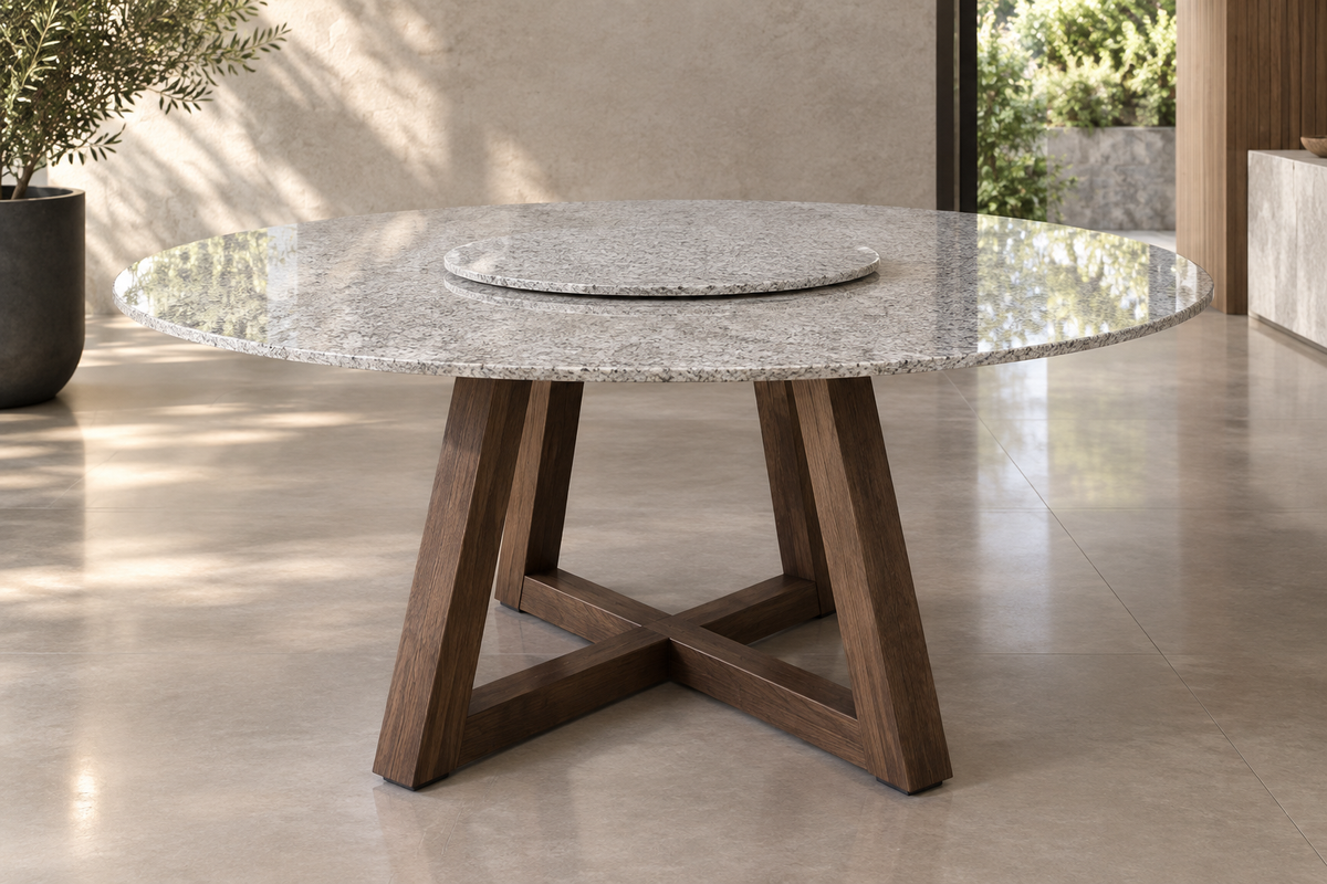 Comedor Circular 1.50 M de Diámetro Con Lazy Susan de 50 CM de Diámetro - Base Herrería Look Madera | Granito Blanco Itaunas Pulido y Brillado (Sólo Disponible en Mérida, Yucatán📍)