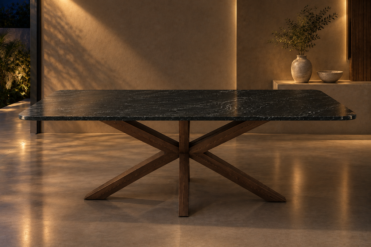Comedor Rectangular 2.10 M x 1.20 M Con Base Modelo Doble V Herrería Look Madera | Granito Vía Láctea Leather (Sólo Disponible en Mérida, Yucatán📍)