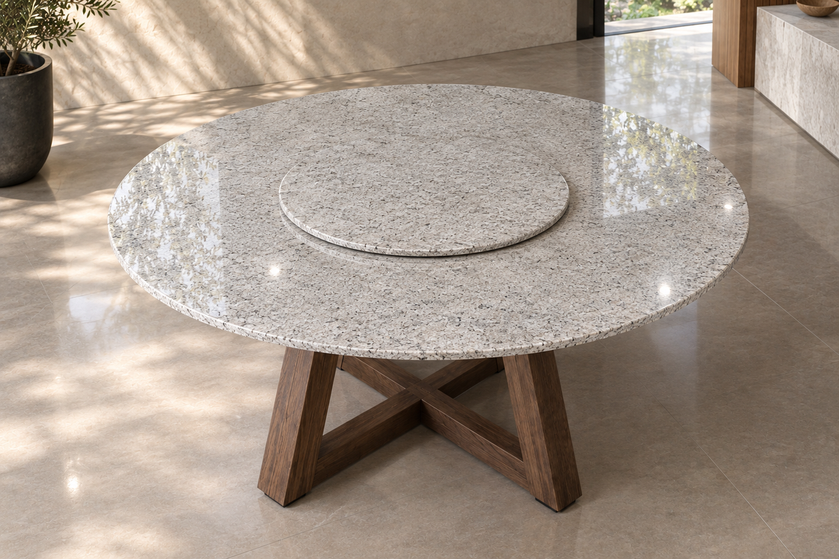 Comedor Circular 1.50 M de Diámetro Con Lazy Susan de 50 CM de Diámetro - Base Herrería Look Madera | Granito Blanco Itaunas Pulido y Brillado (Sólo Disponible en Mérida, Yucatán📍)