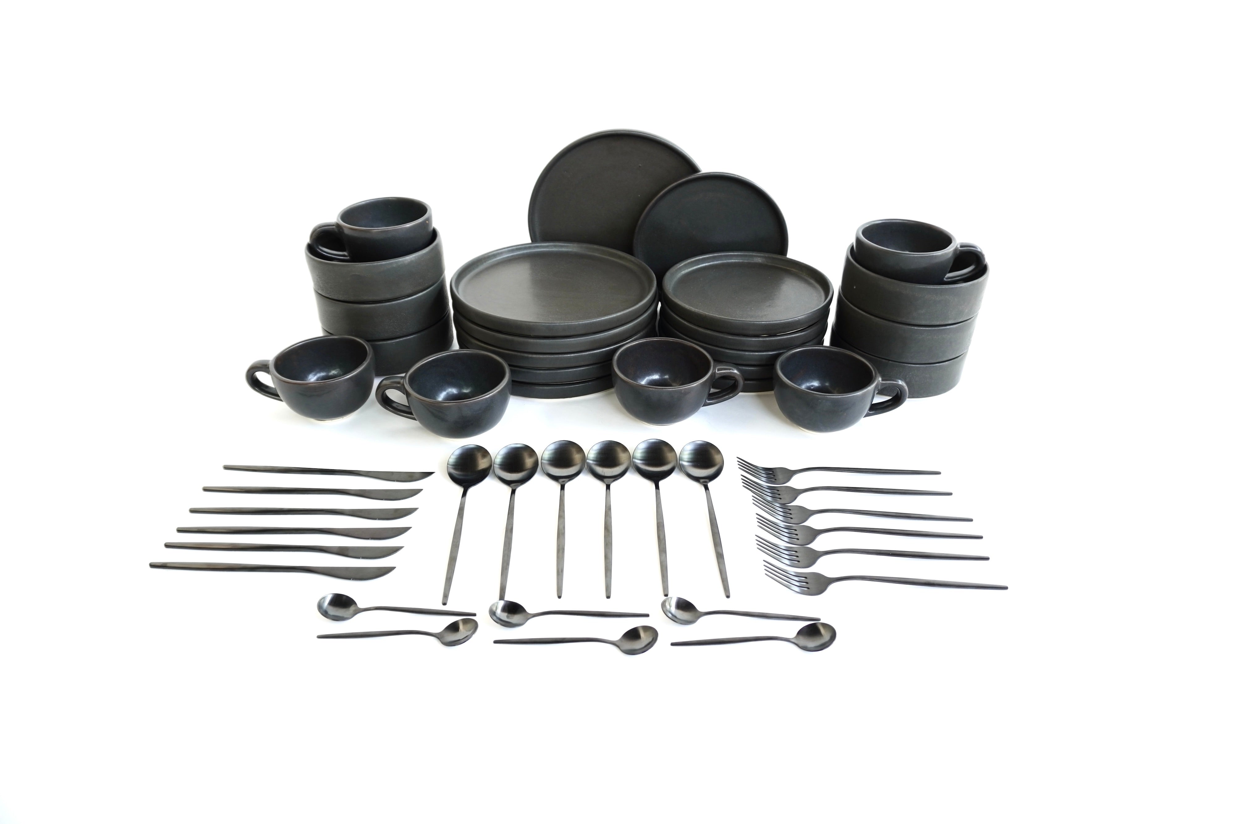 Full Set Vajilla Piedra Negra Con Pared Ft. Cubiertos Skinny Black Matte Set para 6 Personas