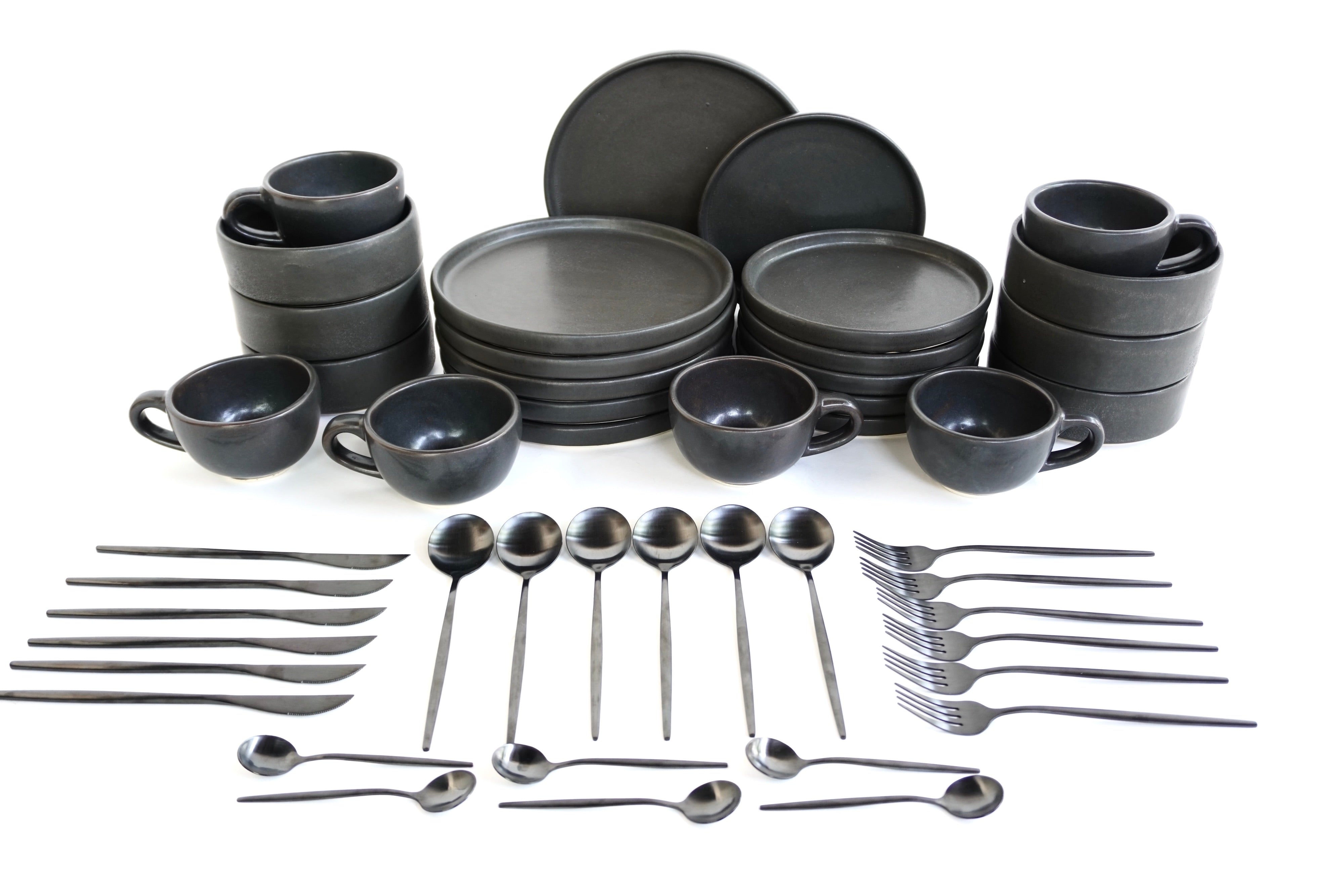 Full Set Vajilla Piedra Negra Con Pared Ft. Cubiertos Skinny Black Matte Set para 6 Personas