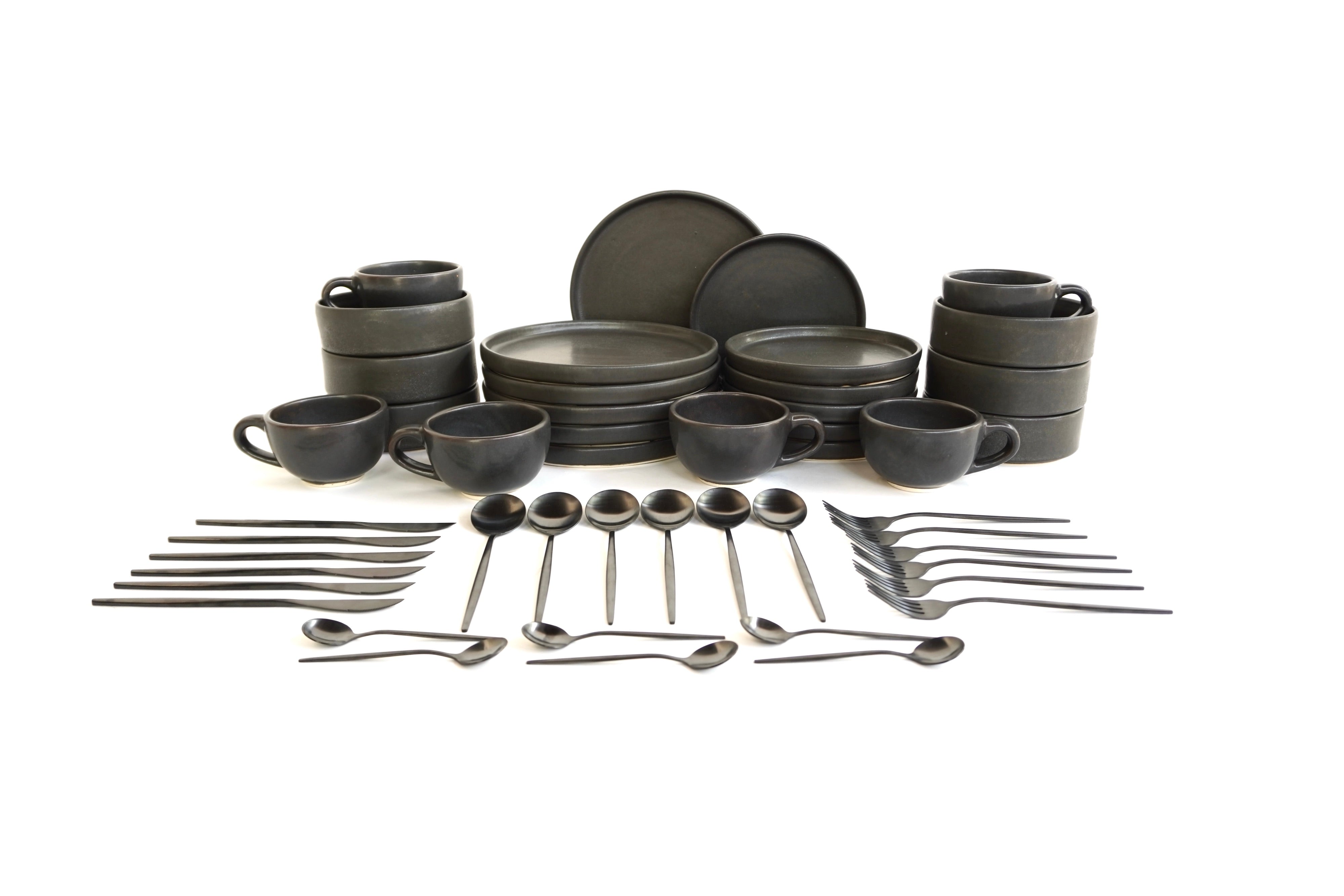 Full Set Vajilla Piedra Negra Con Pared Ft. Cubiertos Skinny Black Matte Set para 6 Personas