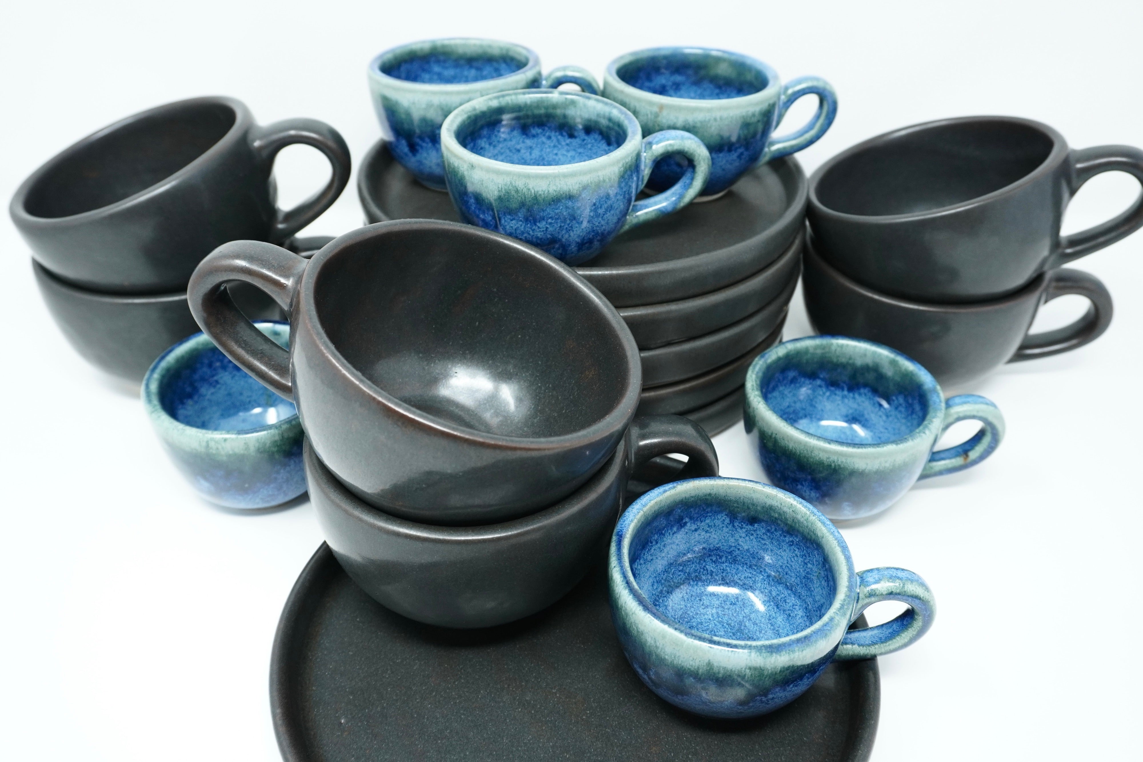 Mini Set 6 Platos Postre Con Pared Piedra Negra & 6 Tazas Espresso de 4 OZ Indigo & 6 Tazas Arte&Latte Piedra Negra 12 Oz