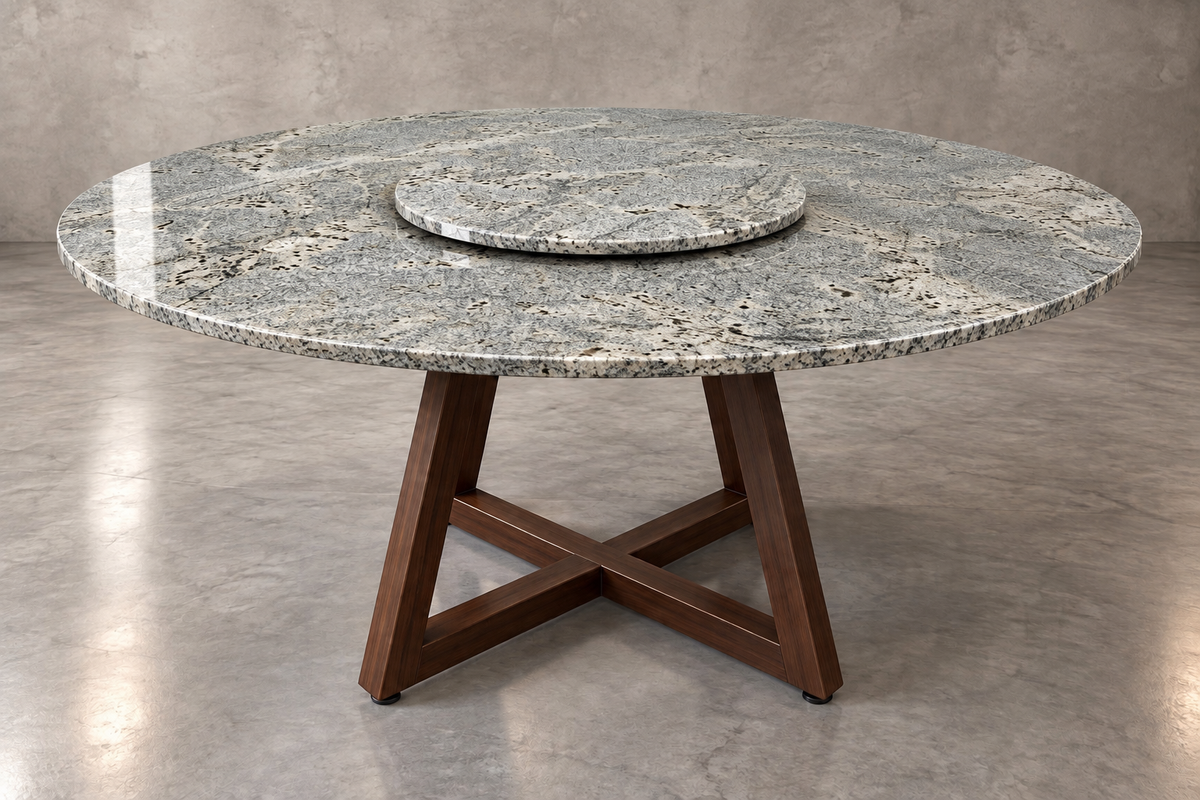 Comedor Circular 1.80 M de Diámetro Con Lazy Susan de 80 CM de Diámetro - Base Herrería Look Madera | Granito Jaguar Pulido y Brillado (Sólo Disponible en Mérida, Yucatán📍)