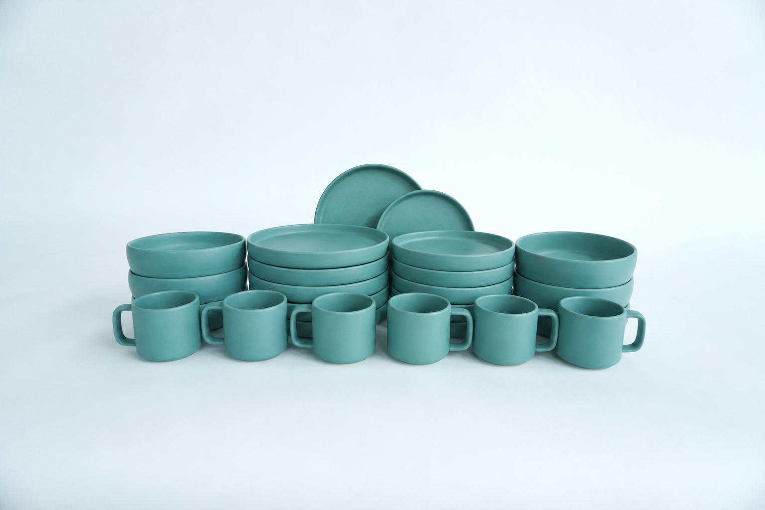 Turquesa mate | Set de vajilla línea clásica para 6 personas (con platos trinche & bowls con pared)