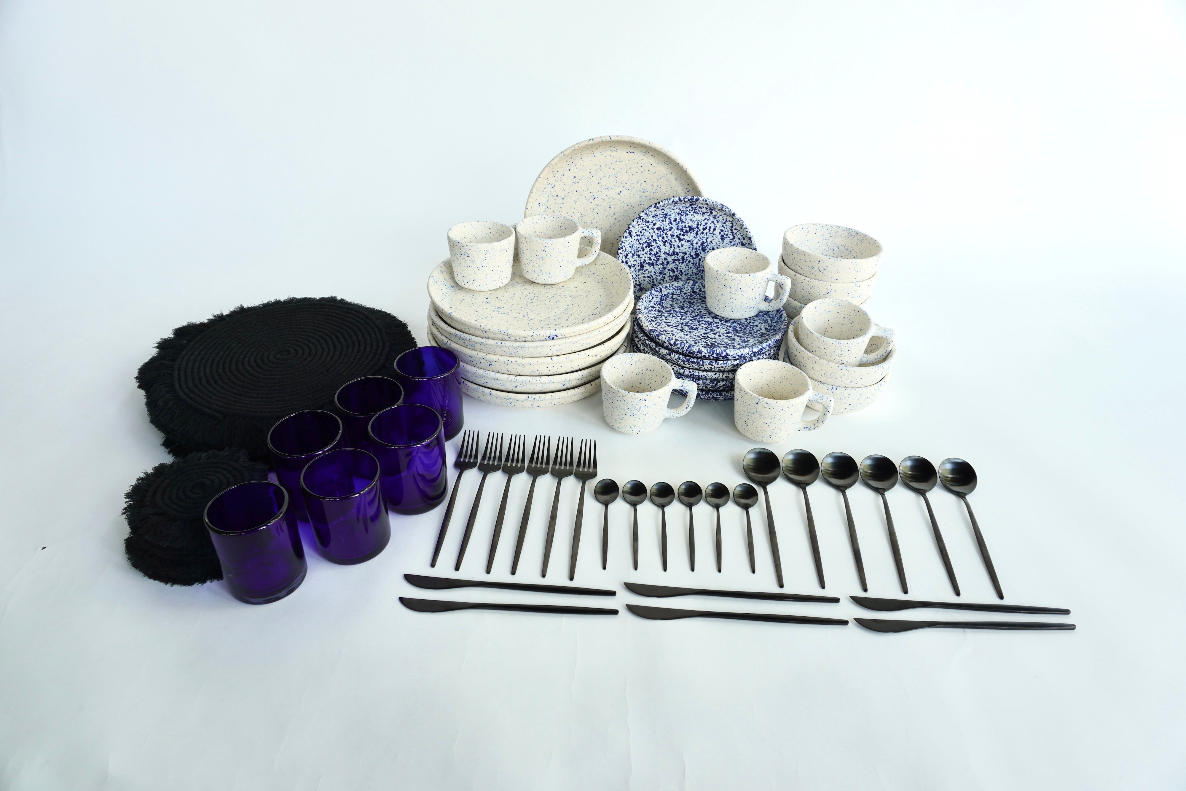 Sisal mate | Set imperial vajilla línea clásica con vasos, cubiertos, manteles y portavasos para 6 personas