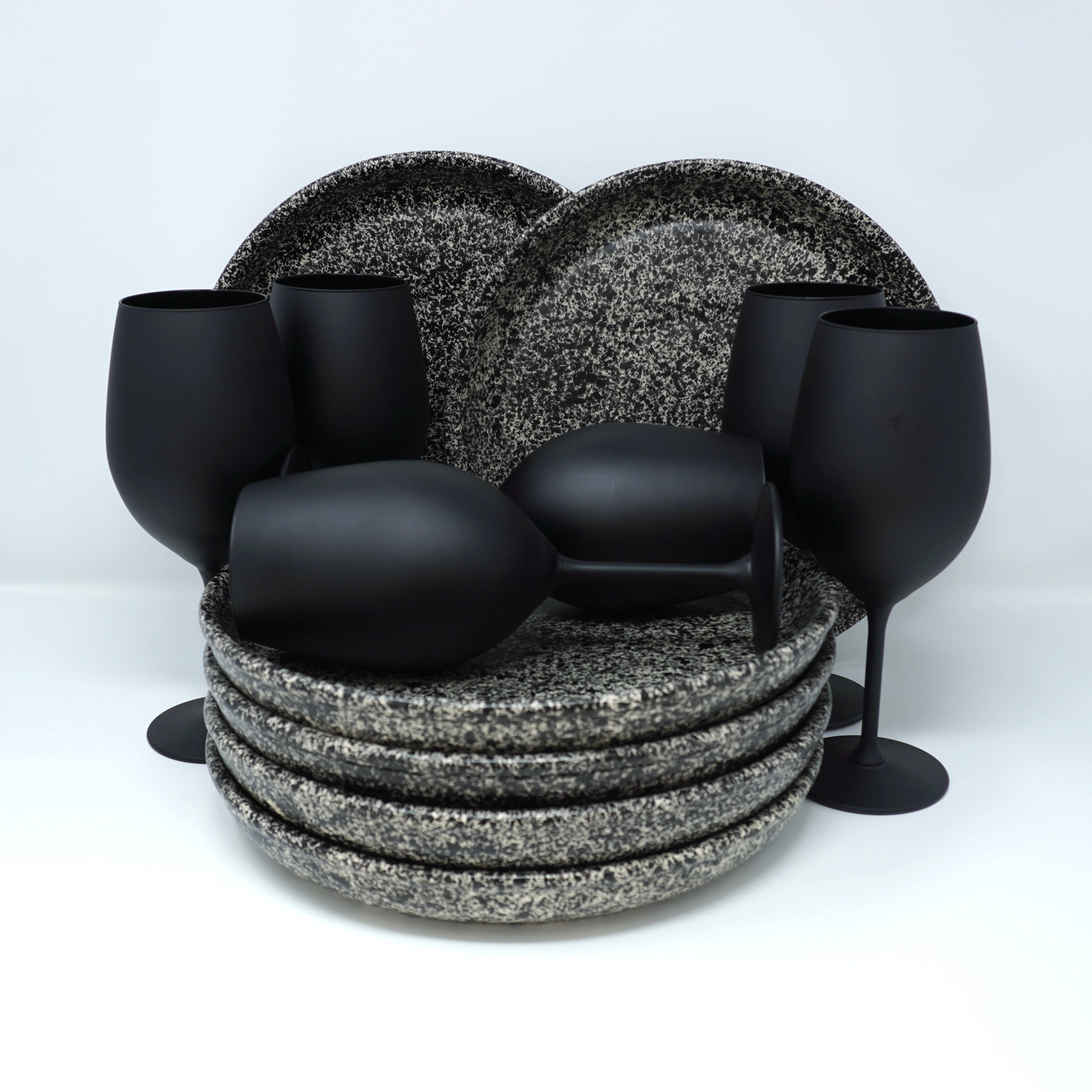 Black Grey Set Platos Principales Trapezoidal Con Copas Negro Mate Para 6 Personas