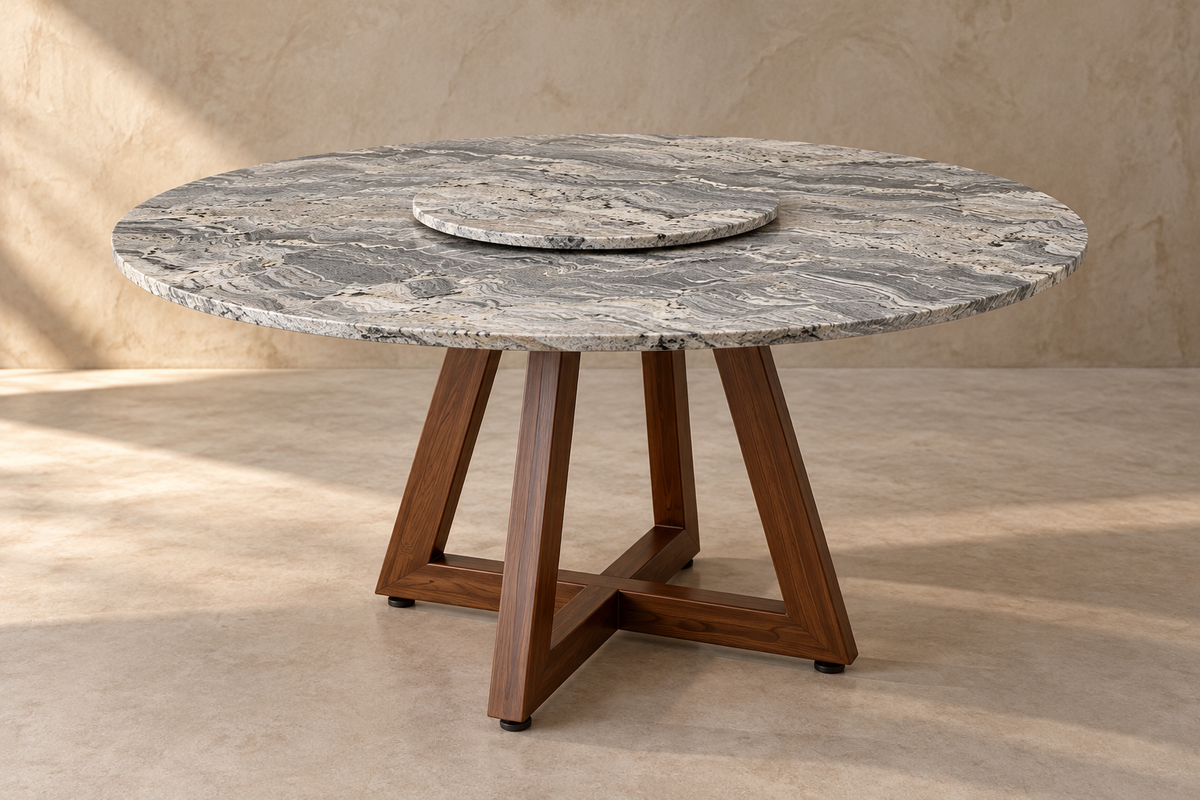 Comedor Circular 1.50 M de Diámetro Con Lazy Susan de 50 CM de Diámetro - Base Herrería Look Madera | Granito Antartic White Leather (Sólo Disponible en Mérida, Yucatán📍)