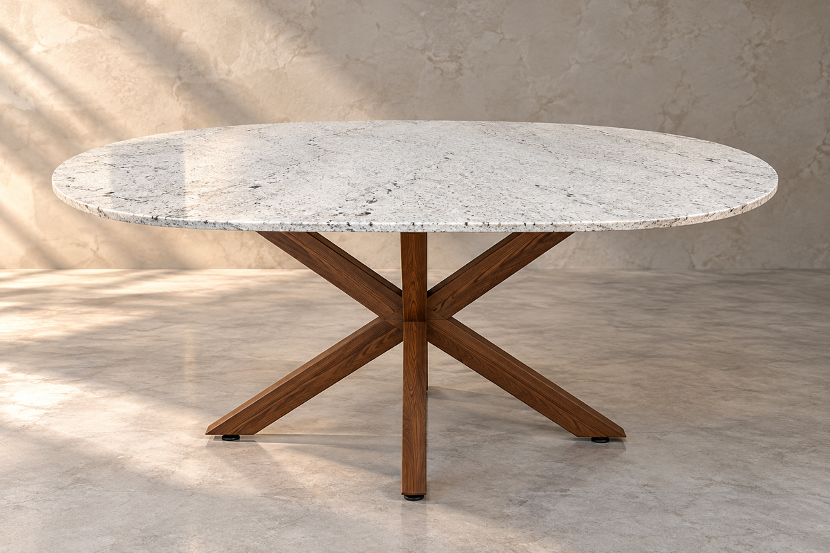 Comedor Cápsula 1.80 M x 1.10 M Con Base Modelo Doble V Herrería Look Madera | Granito Blanco Itaunas Leather (Sólo Disponible en Mérida, Yucatán📍)