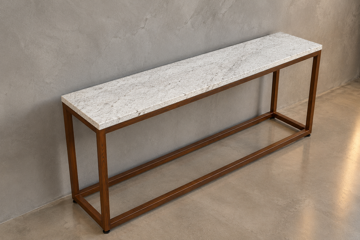 Full Set Comedor Cápsula 1.80 M x 1.10 M | Credenza 1.50 M x 40 CM | Set de 2 Mesas Laterales 40 CM x 40 CM - Bases Herrería Look Madera  | Granito Blanco Itaunas Leather (Sólo Disponible en Mérida, Yucatán📍)