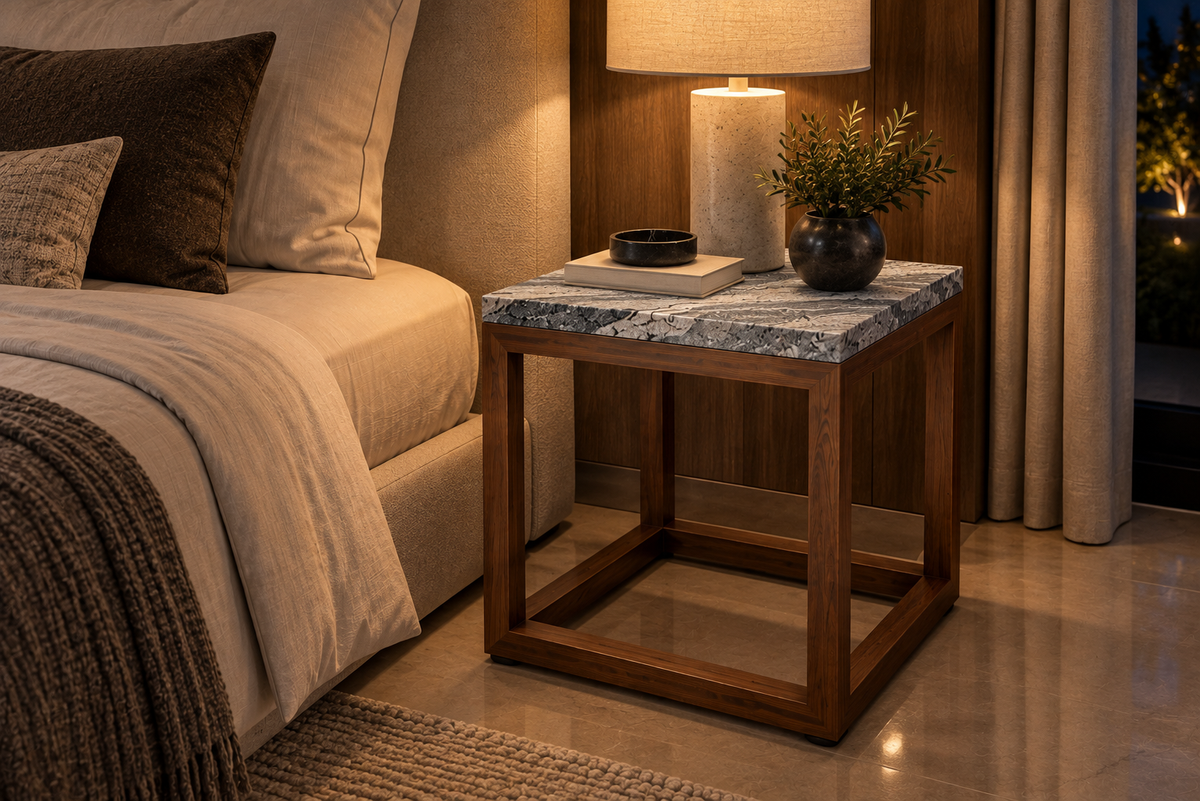 Set de 2 Mesas Laterales 40 CM de Largo x 40 CM de Ancho x 50 CM de Altura Bases Modelo Cubos Look Madera | Granito Antartic White Leather (Sólo Disponible en Mérida, Yucatán📍)