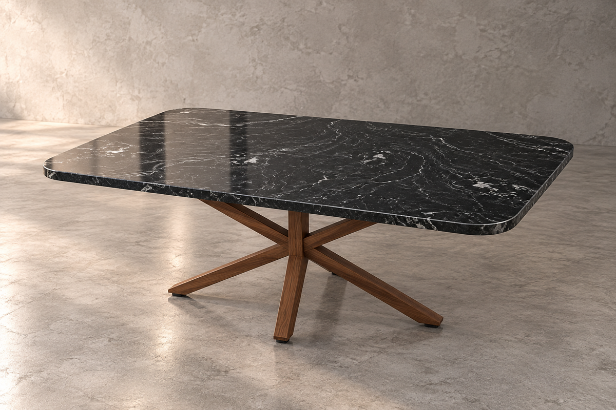 Mesa de Centro 1 M x 80 CM Con Base Modelo Doble V Mini Herrería Look Madera | Granito Vía Láctea Pulido y Brillado (Sólo Disponible en Mérida, Yucatán📍)