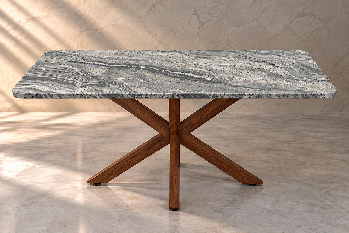 Comedor Rectangular 1.80 M x 1.10 M Con Base Modelo Doble V Herrería Look Madera | Granito Antartic White Leather (Sólo Disponible en Mérida, Yucatán📍)