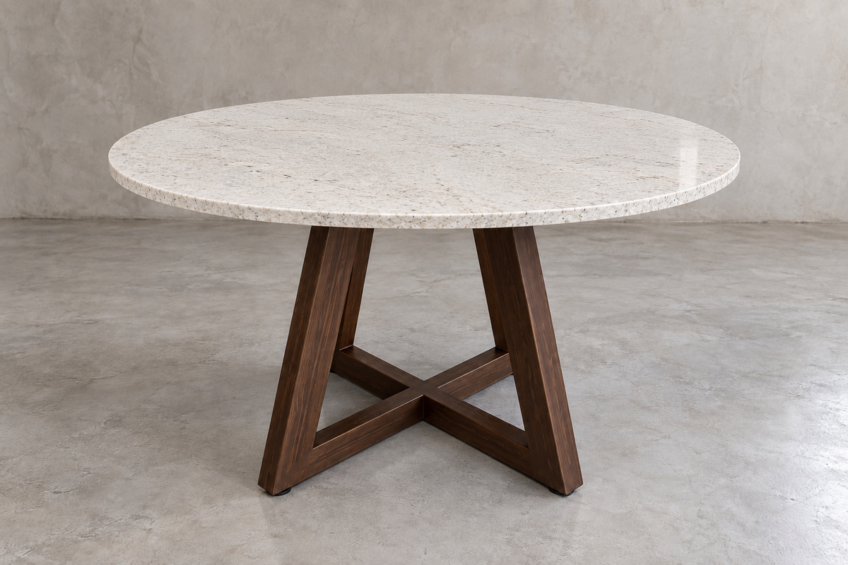 Comedor Circular 1.10 M de Diámetro - Base Herrería Look Madera | Granito Blanco Itaunas Pulido y Brillado (Sólo Disponible en Mérida, Yucatán📍)
