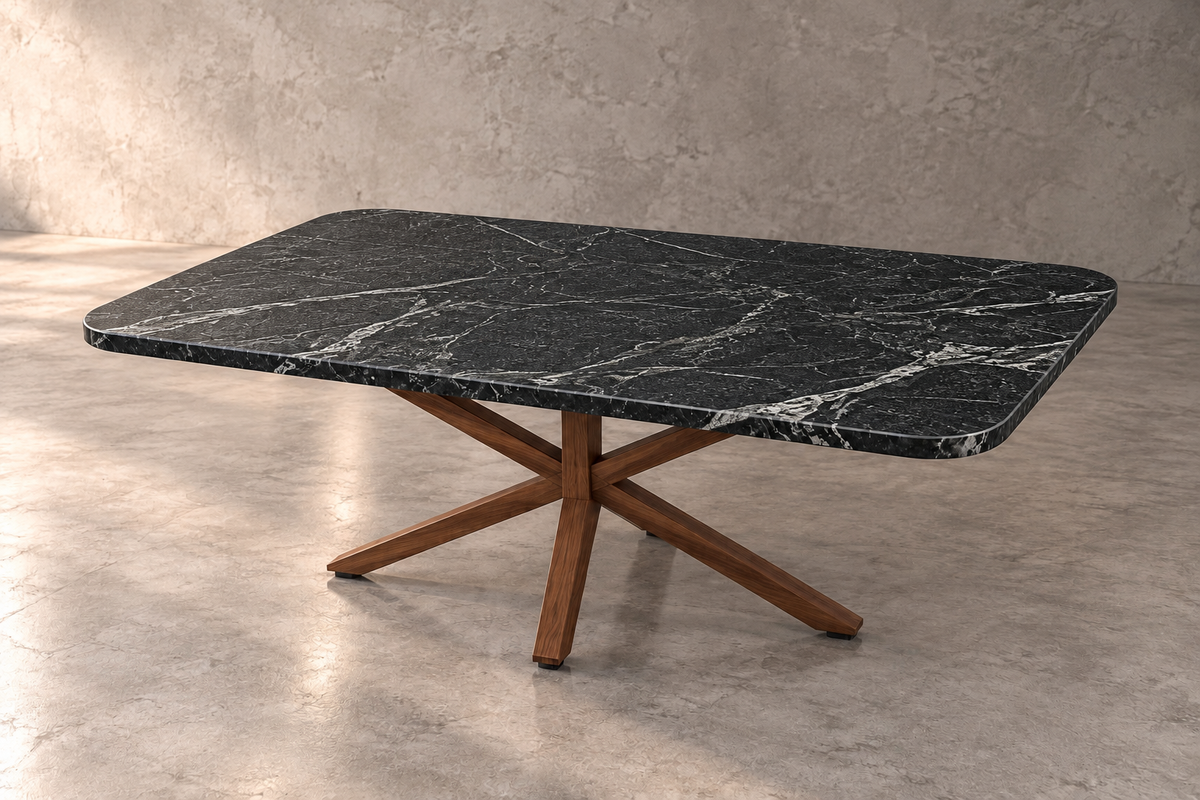 Full Set Comedor Cápsula 1.80 M x 1.10 M | Credenza 1.50 M x 40 CM | Set de 2 Mesas Laterales 40 CM x 40 CM | Mesa de Centro 1 M x 80 CM - Bases Herrería Look Madera  | Granito American Black Leather (Sólo Disponible en Mérida, Yucatán📍)