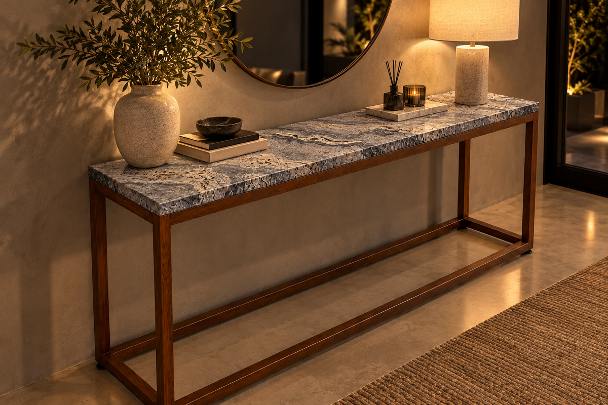 Credenza 1.50 M x 40 CM Con Base Modelo Cubo Look Madera | Granito Antartic White Leather (Sólo Disponible en Mérida, Yucatán📍)