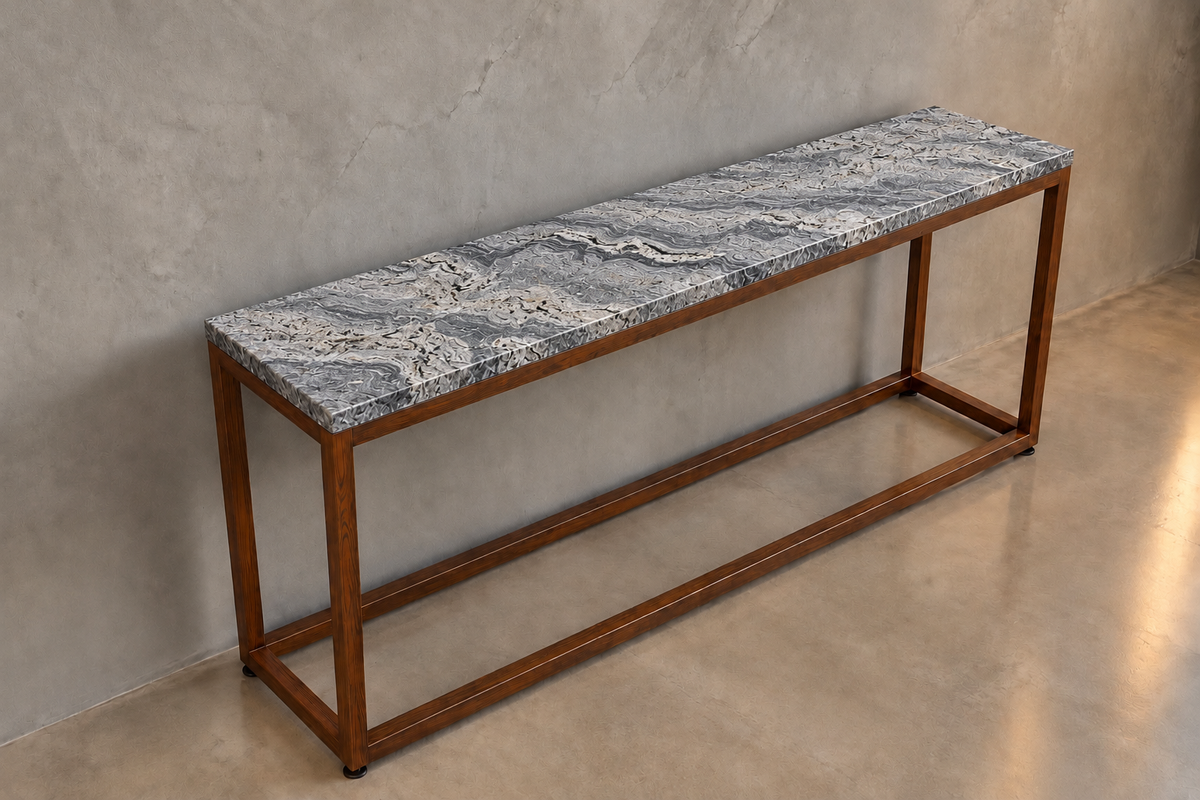 Credenza 1.50 M x 40 CM Con Base Modelo Cubo Look Madera | Granito Antartic White Leather (Sólo Disponible en Mérida, Yucatán📍)