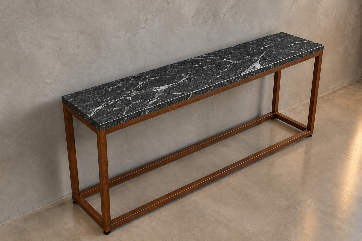 Full Set Comedor Cápsula 1.80 M x 1.10 M | Credenza 1.50 M x 40 CM | Set de 2 Mesas Laterales 40 CM x 40 CM | Mesa de Centro 1 M x 80 CM - Bases Herrería Look Madera  | Granito American Black Leather (Sólo Disponible en Mérida, Yucatán📍)