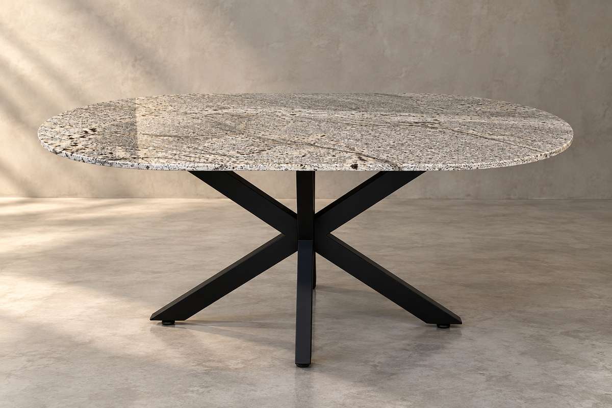 Comedor Cápsula 1.80 M x 1.10 M Con Base Modelo Doble V Herrería Negro Mate | Granito Jaguar Pulido y Brillado (Sólo Disponible en Mérida, Yucatán📍)