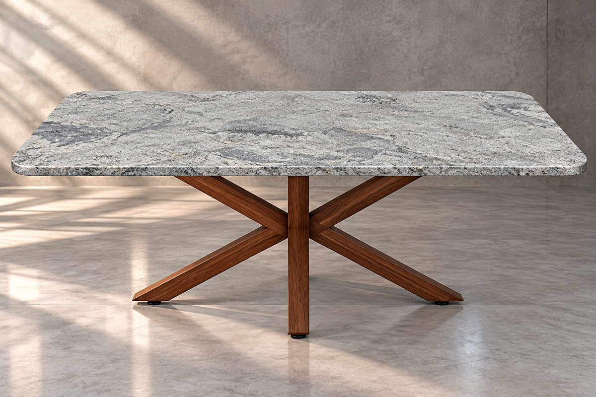 Comedor Rectangular 2.10 M x 1.20 M Con Base Modelo Doble V Herrería Look Madera | Granito Himalaya Leather (Sólo Disponible en Mérida, Yucatán📍)