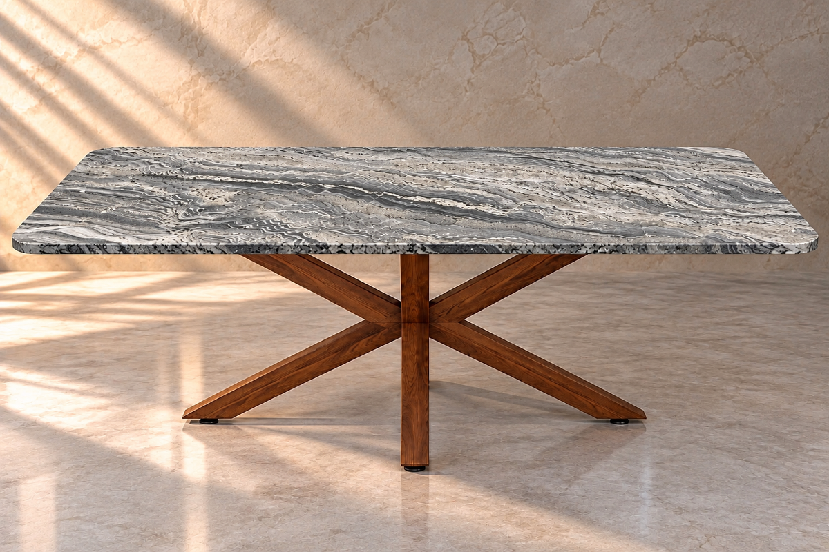 Comedor Rectangular 2.40 M x 1.40 M Con Base Modelo Doble V Herrería Look Madera | Granito Antartic White Leather (Sólo Disponible en Mérida, Yucatán📍)