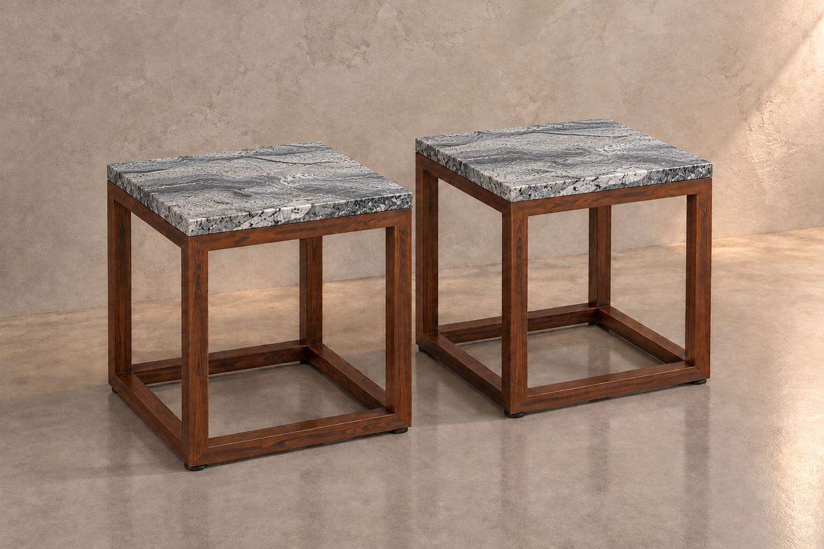 Set de 2 Mesas Laterales 40 CM de Largo x 40 CM de Ancho x 50 CM de Altura Bases Modelo Cubos Look Madera | Granito Antartic White Leather (Sólo Disponible en Mérida, Yucatán📍)