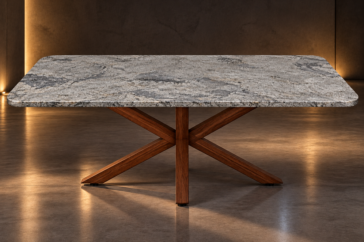 Comedor Rectangular 2.10 M x 1.20 M Con Base Modelo Doble V Herrería Look Madera | Granito Himalaya Leather (Sólo Disponible en Mérida, Yucatán📍)
