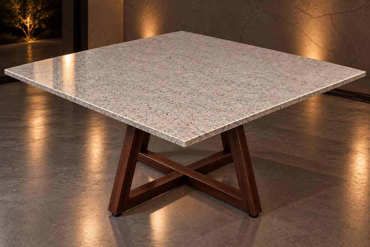 Comedor Cuadrado 1.50 M x 1.50 M - Base Herrería Look Madera | Granito Blanco Itaunas Pulido y Brillado (Sólo Disponible en Mérida, Yucatán📍)
