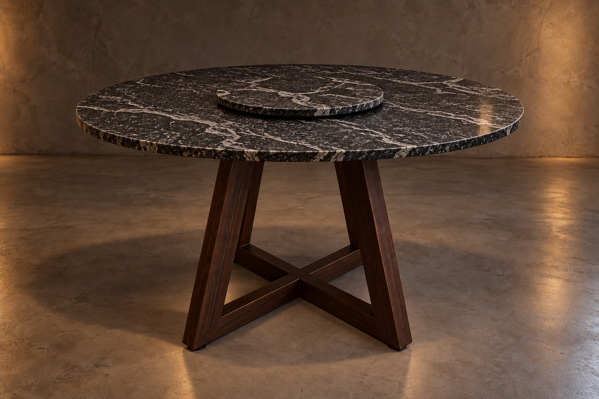 Comedor Circular 1.20 M de Diámetro Con Lazy Susan de 40 CM de Diámetro - Base Herrería Look Madera | Granito American Black Leather (Sólo Disponible en Mérida, Yucatán📍)